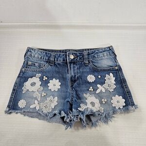 Bebe Girls Blue Denim Shorts Lace Floral Pearl Embellished Cut Offs Size 12 boho
